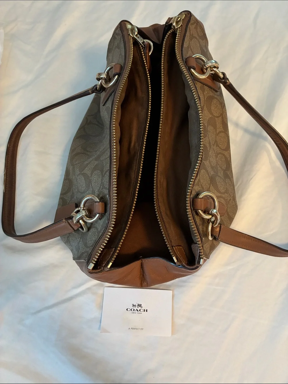 Coach Brown Signature Canvas Shoulder Bag with Leather Trim